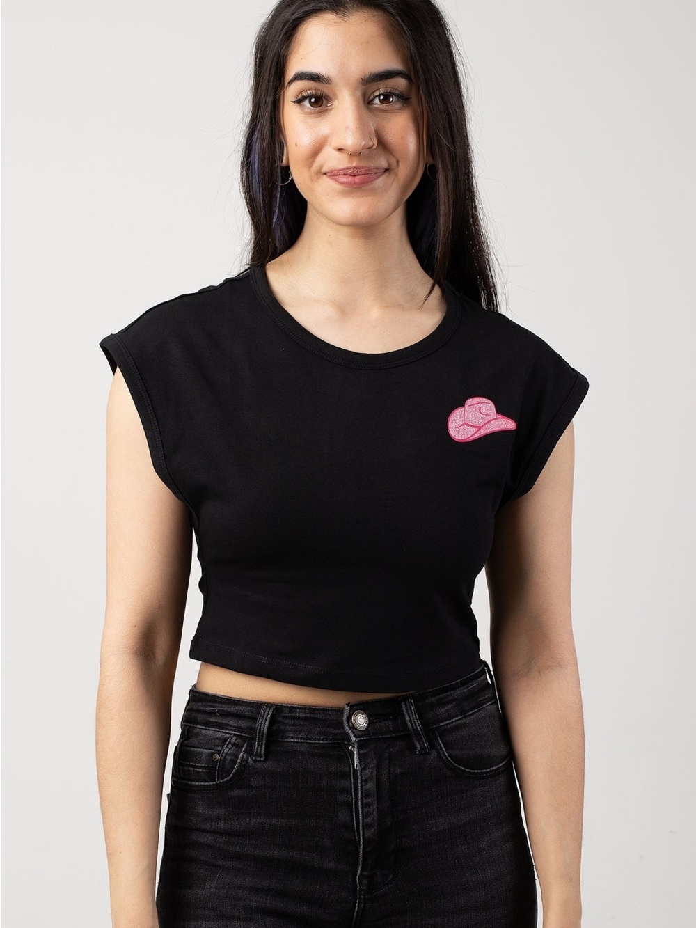 Noisy May women's cropped Katinka Black Pink Glitter Hat - T-Shirt size xs